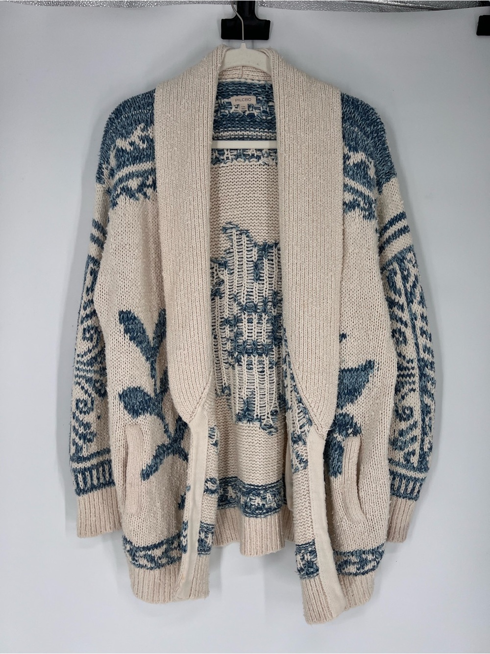 Pilcro Cream Blue Floral Instarsia Knit Shawl-Collar Open Bohemian Cardigan L/XL - Picture 3 of 9